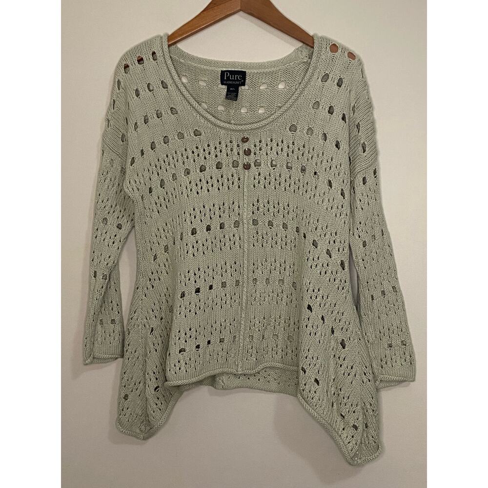 Pure Handknit Open Knit Sweater Women's Medium Large Boho Lagenlook Curled Hem